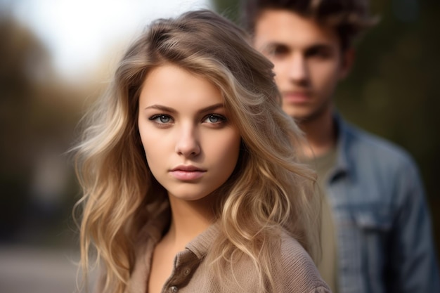 Portrait of a pretty young woman standing in front of her boyfriend