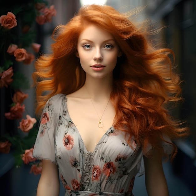 Portrait of a pretty young woman with red hair walking down the street