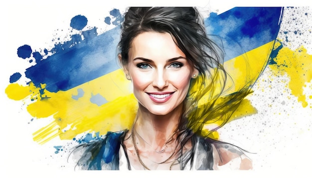 Portrait of a pretty young woman on a yellow and blue Ukraine flag background watercolor style Generative AI