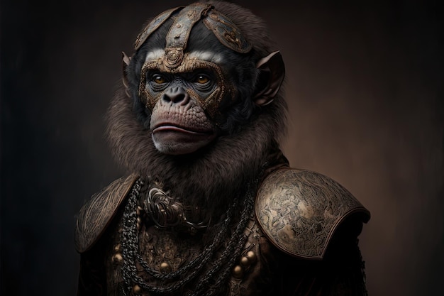 Portrait of primate in costume with metal details on dark blurry background created with generative
