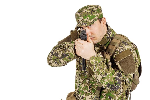 Portrait private military contractor aiming handgyn portrait
isolated over white background