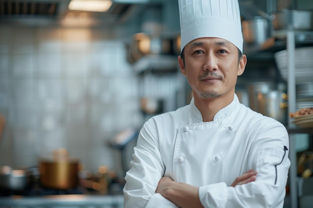 Photo portrait of a professional asian chef in a commercial kitchen