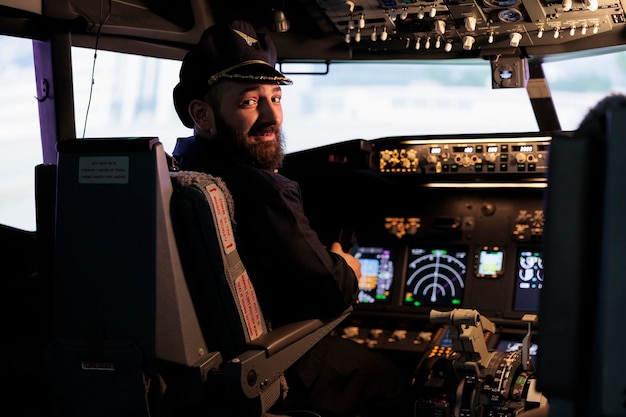 Portrait of professional aviator using cockpit dashboard command to takeoff on international flight. Male pilot flying aircraft jet with control panel buttons and power engine lever.