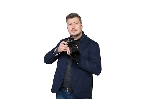 Portrait of professional cameraman with digital photo camera, front view