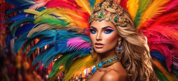 Portrait of professional dancer female in colorful sumptuous carnival feather suit