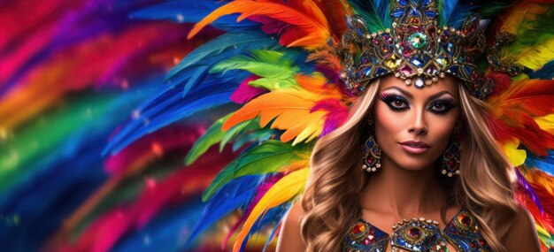 Portrait of professional dancer female in colorful sumptuous carnival feather suit