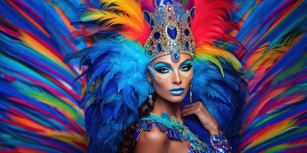 Portrait of professional dancer female in colorful sumptuous carnival feather suit