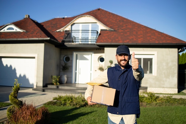 Portrait of professional delivery man holding thumbs up and delivering packages to the address