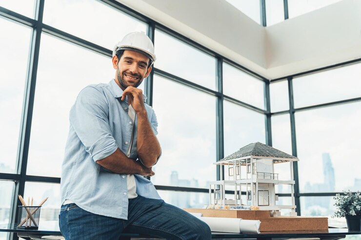Portrait of professional engineer looking at camera with safety helmet Tracery