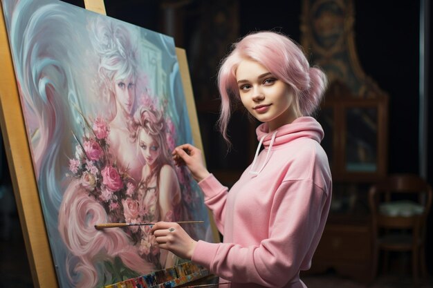 Photo portrait of professional female artist painting