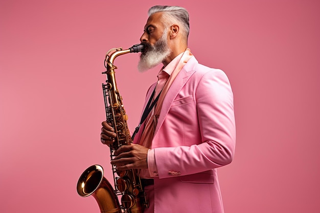 Portrait of professional musician saxophonist man in suit plays jazz music on saxophone w