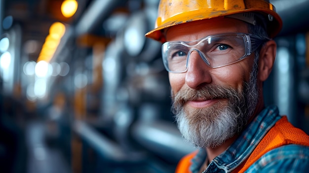 Portrait of a professional worker with a hard hat and glasses at a factory