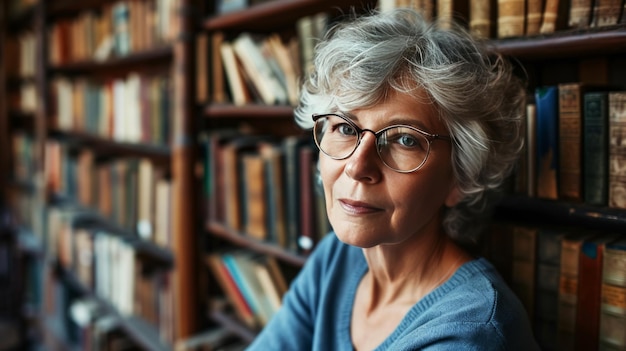 Foto ritratto di un professore nella biblioteca del college