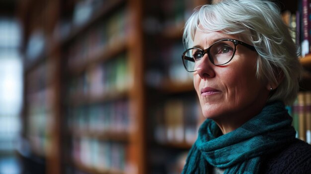 Foto ritratto di un professore nella biblioteca del college