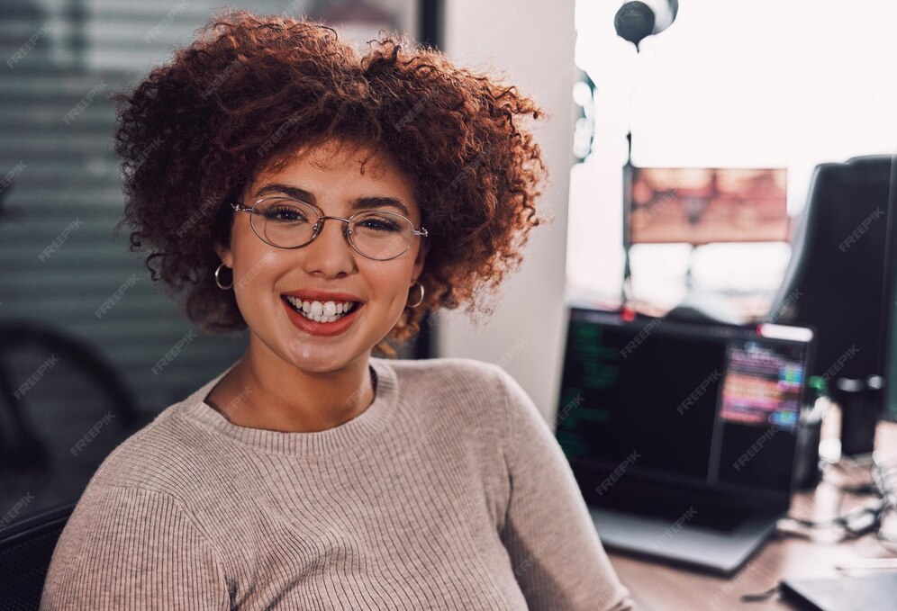 Premium Photo | Portrait programmer and smile of woman in office ready ...