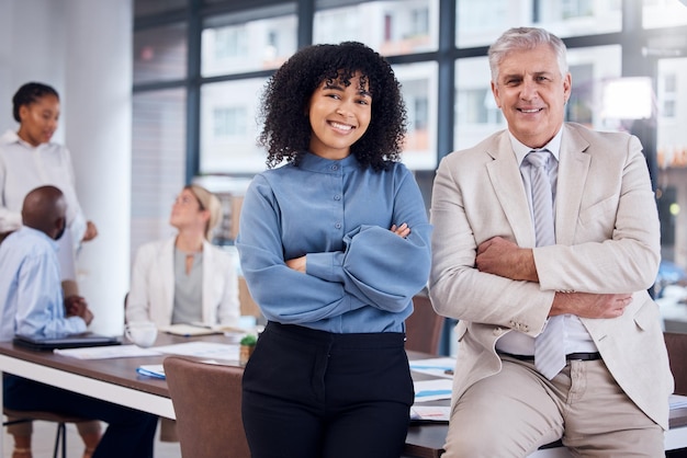 Portrait of proud business people and partner for internship opportunity leadership and office management Senior manager or boss and black woman or human resources employee in workplace diversity