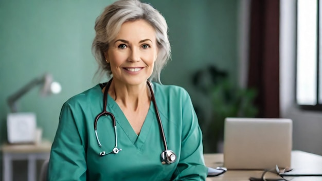 Portrait of proud female doctor at medical clinic looking at camera Smiling general standing