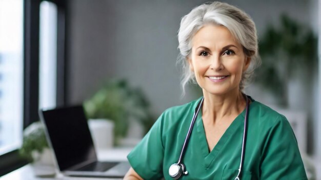 Portrait of proud female doctor at medical clinic looking samileg senior general practitioner stand