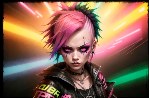 Portrait of a punk girl with bright make up and colorful hair Generative AI