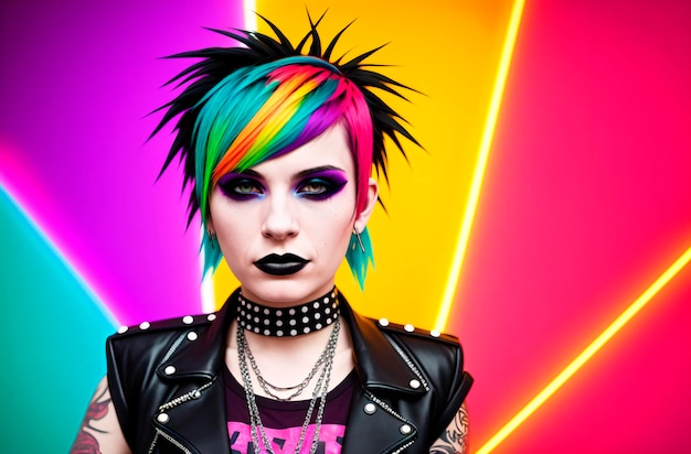 Портрет панк-девушки с ярким макияжем и яркими волосами Генеративный AI