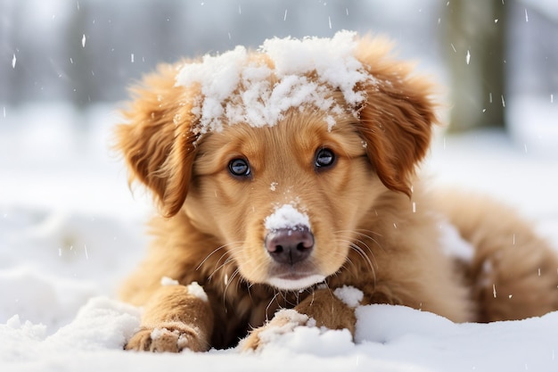 Portrait of Puppy covered in Snow Generative Ai