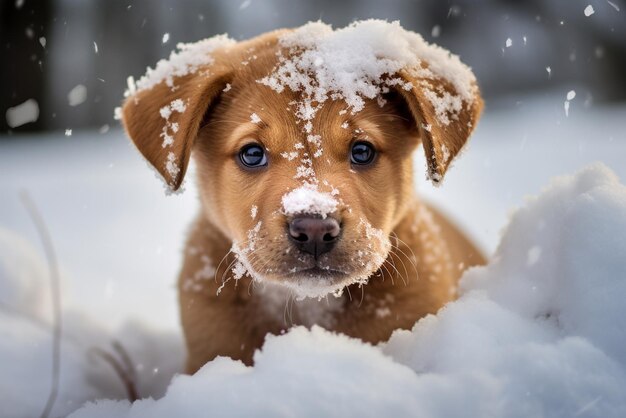 雪に覆われた子犬の肖像画