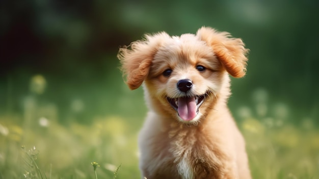 ぼんやりした自然の背景を持つ子犬の肖像画