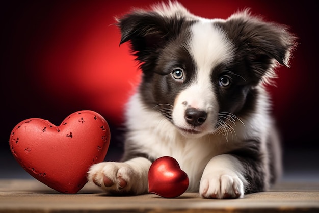 Portrait of a puppy with red hearts next to it