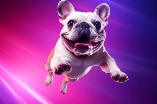 Portrait of purebred dog bulldog jumping isolated over studio background in neon gradient pink