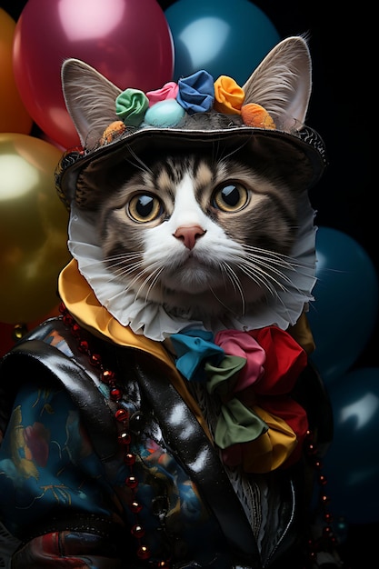 Portrait of quirky cat devon rex pirate clown costume oversized hat c fashion design costume art