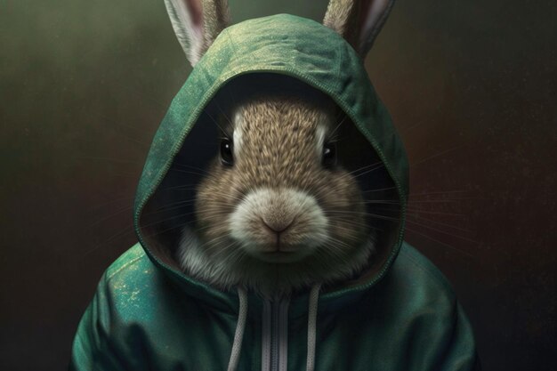 Portrait of rabbit in sportswear and a hood