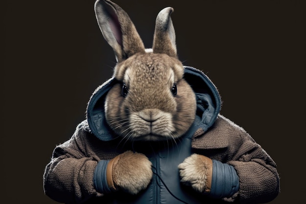 Portrait of rabbit in a tracksuit and boxing gloves around his neck