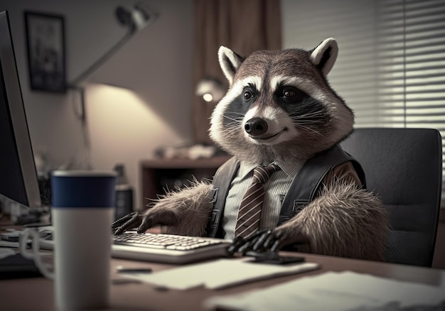 Photo portrait of raccoon in a business suit at the office