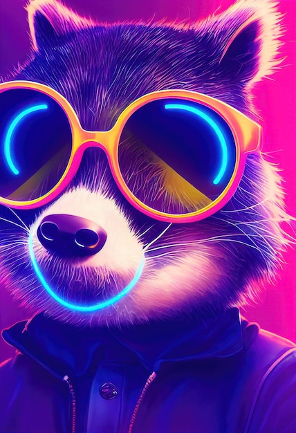 Portrait of a raccoon DJ in fancy glasses Raccoon DJ at the disco