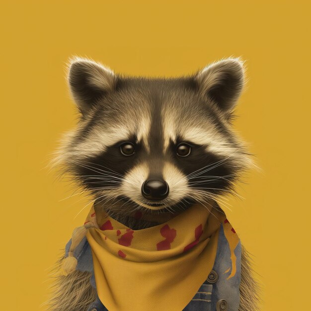 Photo portrait of a raccoon in a scarf on a yellow background