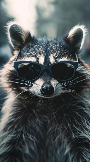 Portrait of a raccoon in sunglasses Background of a city