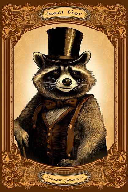 Portrait of Raccoon Wearing a Hat With Cool Pose Leaning on a C Vintage Poster 2D Flat Design Art