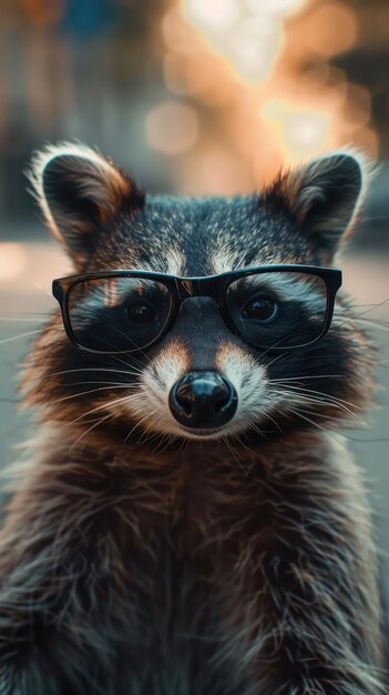 Portrait of a raccoon with glasses on the background of the city