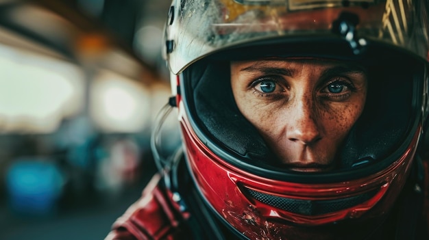 A portrait of the racer just before a race adjusting their helmet while looking intensely at the