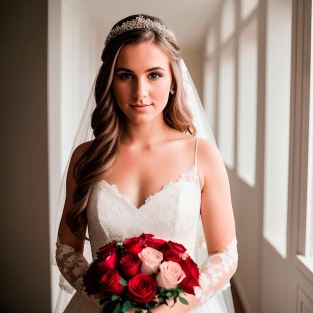 A portrait of a radiant 25yearold bride beaming with joy in her elegant wedding dress Captivating