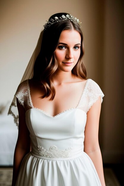 Портрет ослепительной 25-летней невесты, сияющей от радости в элегантном свадебном платье.