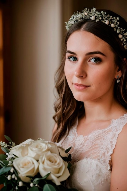 A portrait of a radiant 25yearold bride beaming with joy in her elegant wedding dress Captivating