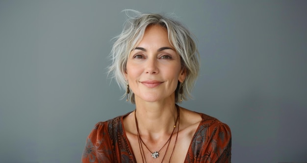 Portrait of a radiant mature woman with silver hair and stylish attire