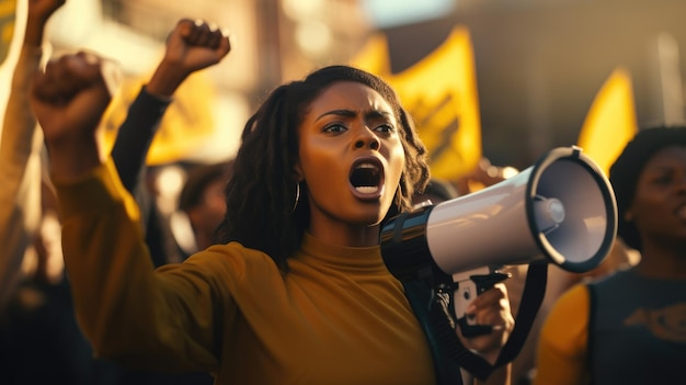 Portrait of a radicalized young black woman young African American woman is chanting her demands th