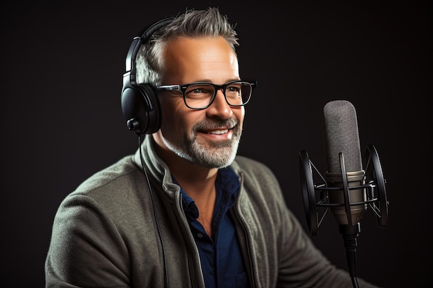 Portrait of a radio news anchor A middleaged man sits in front of a microphone in a recording studio