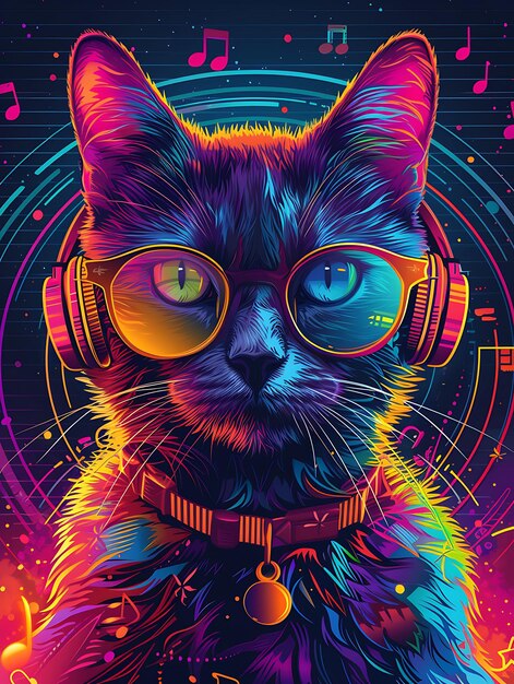 Portrait of Ragamuffin Cat With a Holographic Dress and Cyberpunk Headph Cyber Poster Banner Flyer