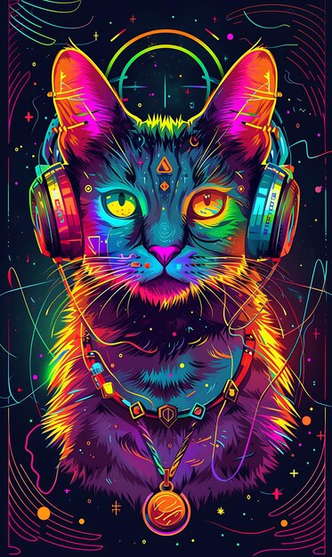 Portrait of ragamuffin cat with a holographic dress and matching cyberpu cyber poster banner flyer