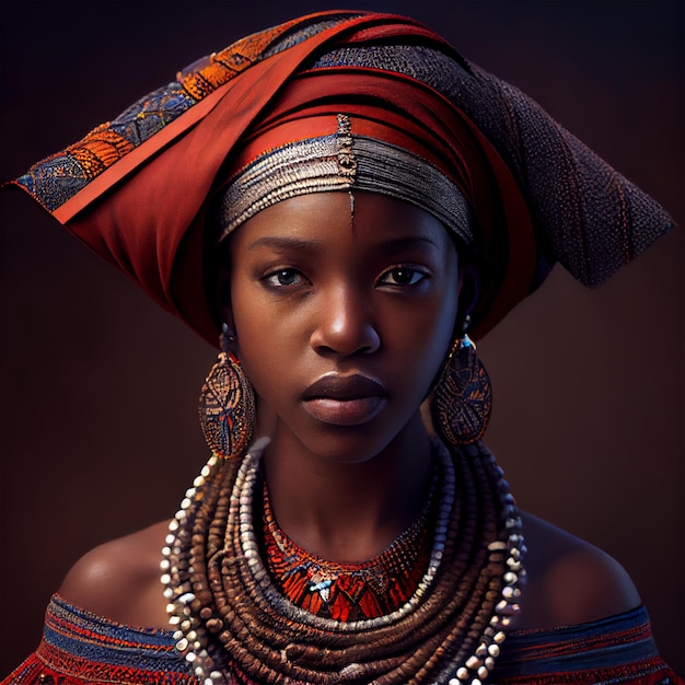 Портретная реалистичная графика африканки с сильными чертами лица в национальной одежде, сгенерированное AI изображение