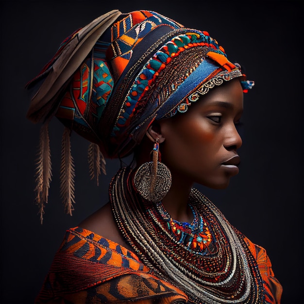 Portrait realistic graphics of an African woman with strong facial features in national clothes AI generated image