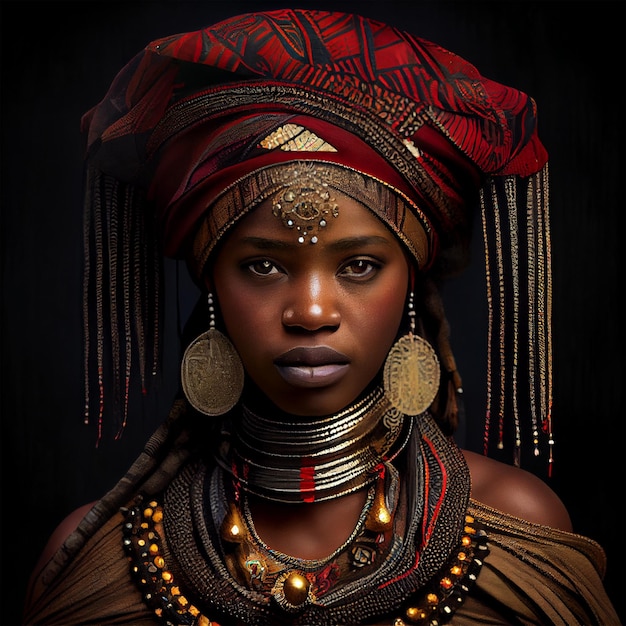 Portrait realistic graphics of an African woman with strong facial features in national clothes AI generated image